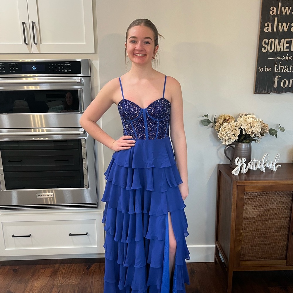 Blue Ruffled Gown with Beaded Bodice